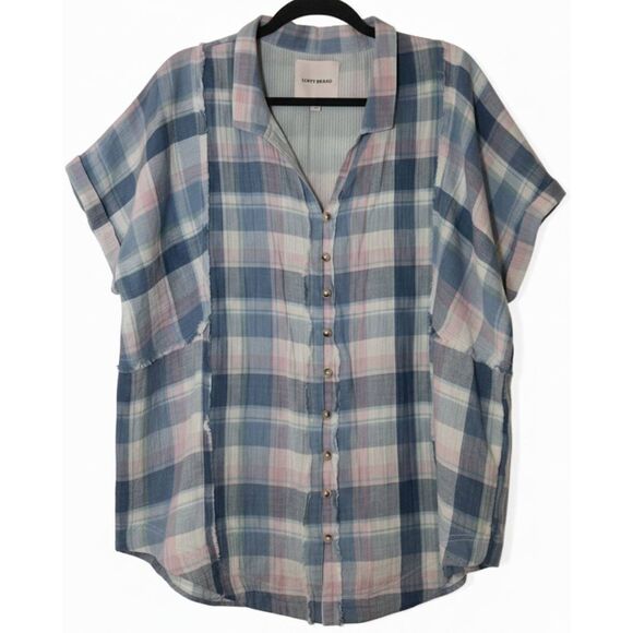Lucky brand womens xl gauzy cotton shirt blouse blue plaid top tab sleeve - Picture 2 of 9
